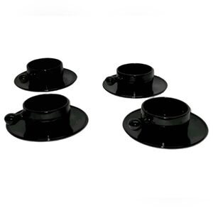 8 Pc Black Glass Teacups & Fitted Saucers Insulated Knob Handles Unique Set EUC